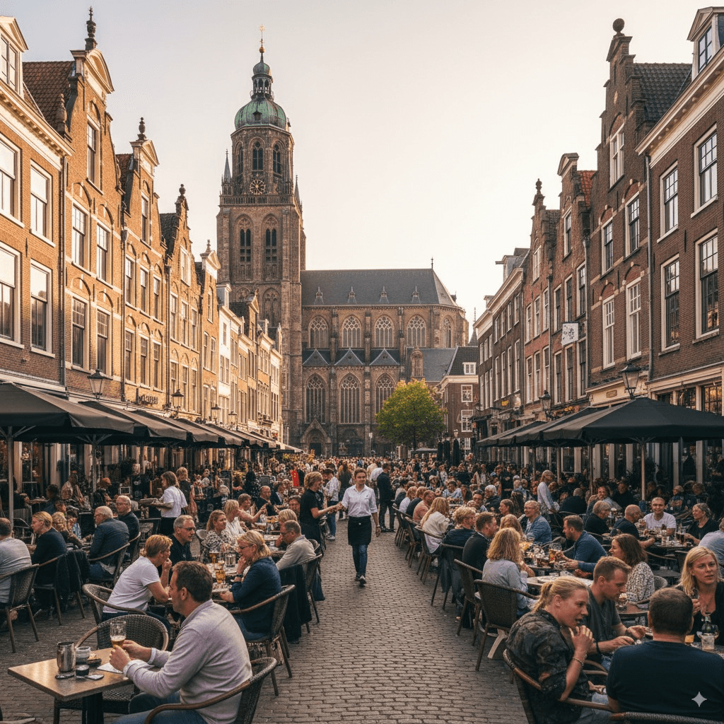 Gezellige straat in het centrum van Breda met terrassen, winkels en zicht op de Grote Kerk