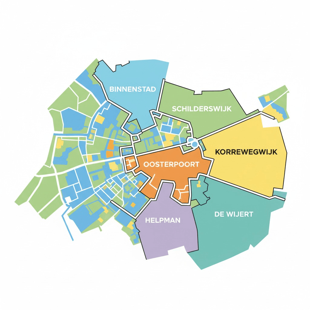 Gestileerde kaart van Groningen met wijken zoals Binnenstad, Schilderswijk, Oosterpoort, Korrewegwijk, Helpman en De Wijert