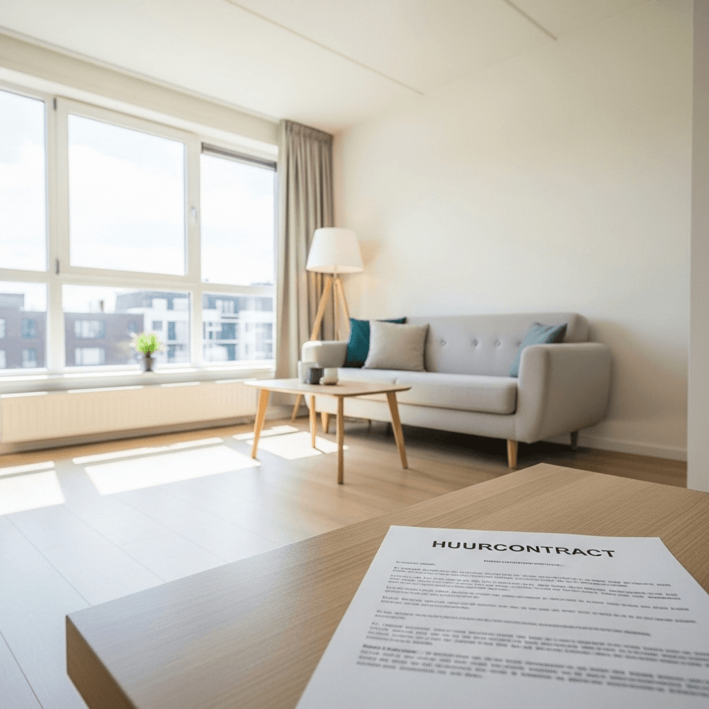 Moderne woonkamer in Leeuwarden met huurcontract op tafel, symbool voor huurprijzen en huurovereenkomst