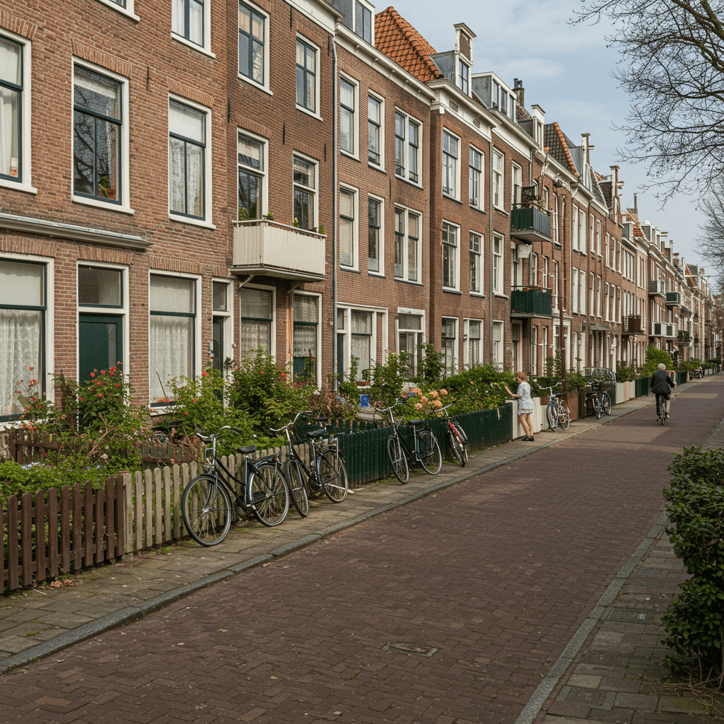 Straatbeeld in Leiden met jaren '30 woningen en kleinschalige appartementen in De Kooi en Noorderkwartier