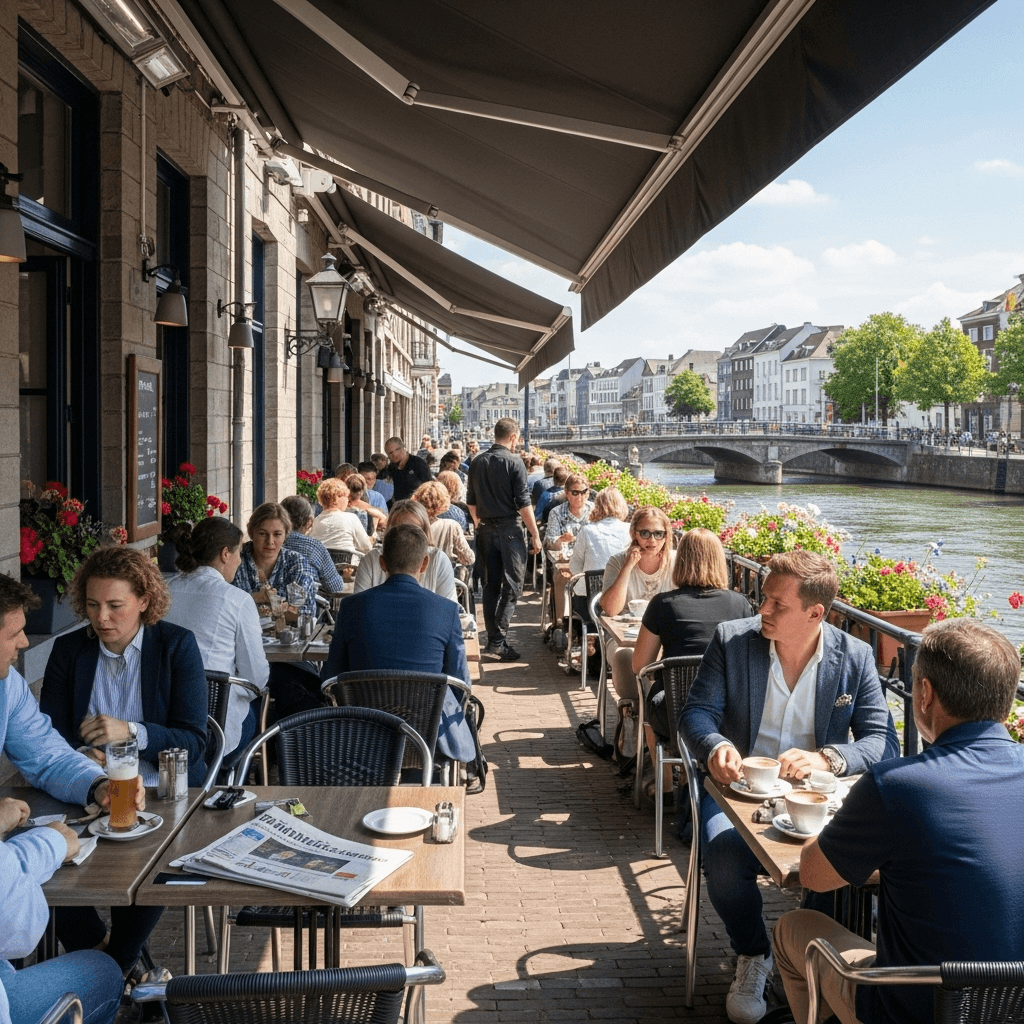 Internationale sfeer in Maastricht met mensen op een terras aan de Maas