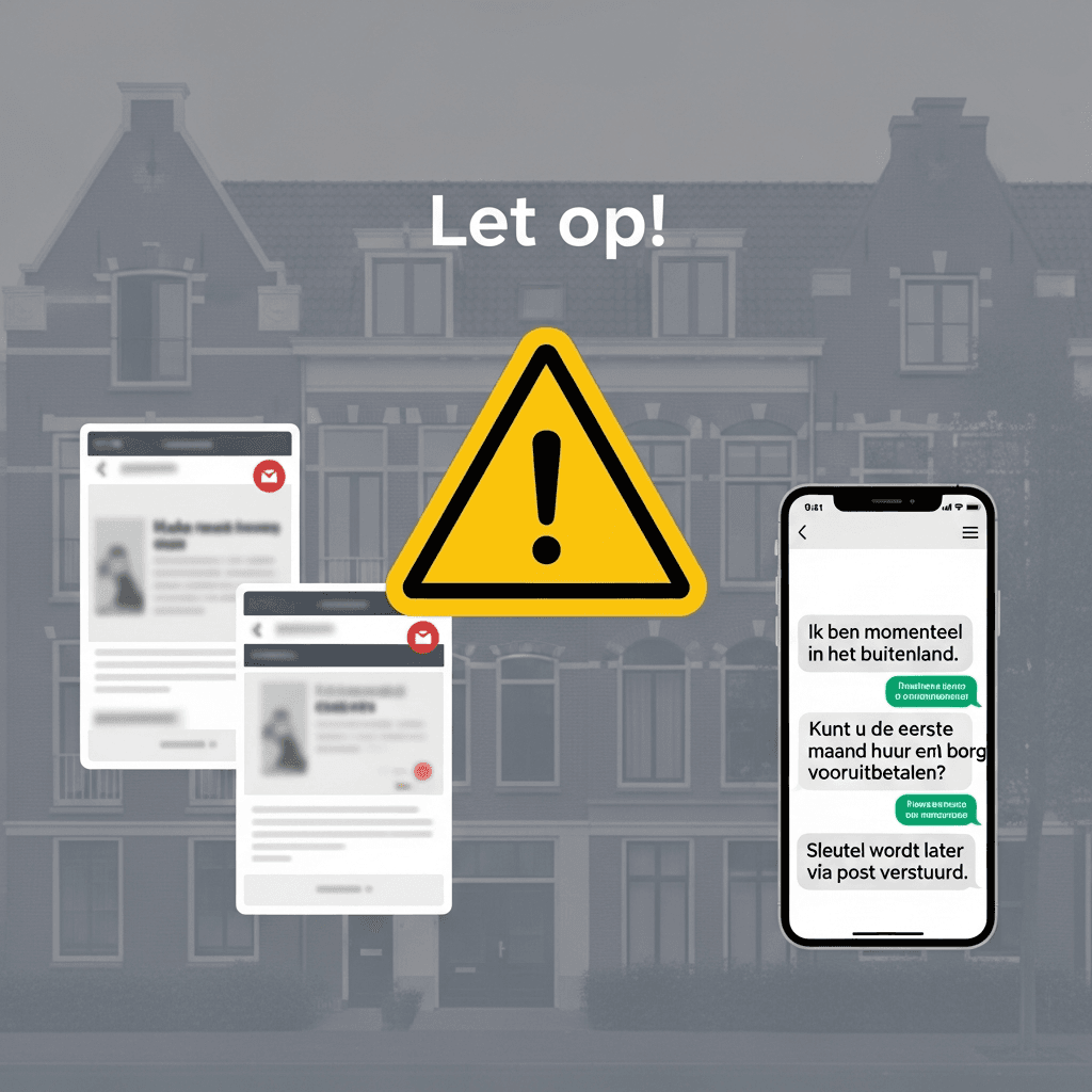 Waarschuwingsbord met de tekst 'Let op!' naast een smartphone met verdachte huuradvertenties, symbool voor oplichting bij particulier huren