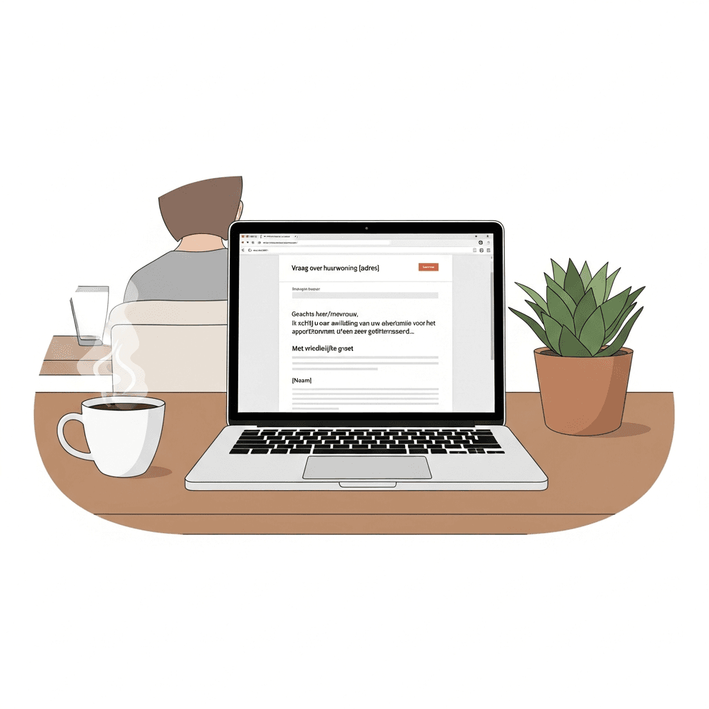 Laptop op een bureau met een open e-mail in het Nederlands die begint met 'Geachte heer/mevrouw', symbool voor een professionele huurreactie aan een particuliere verhuurder