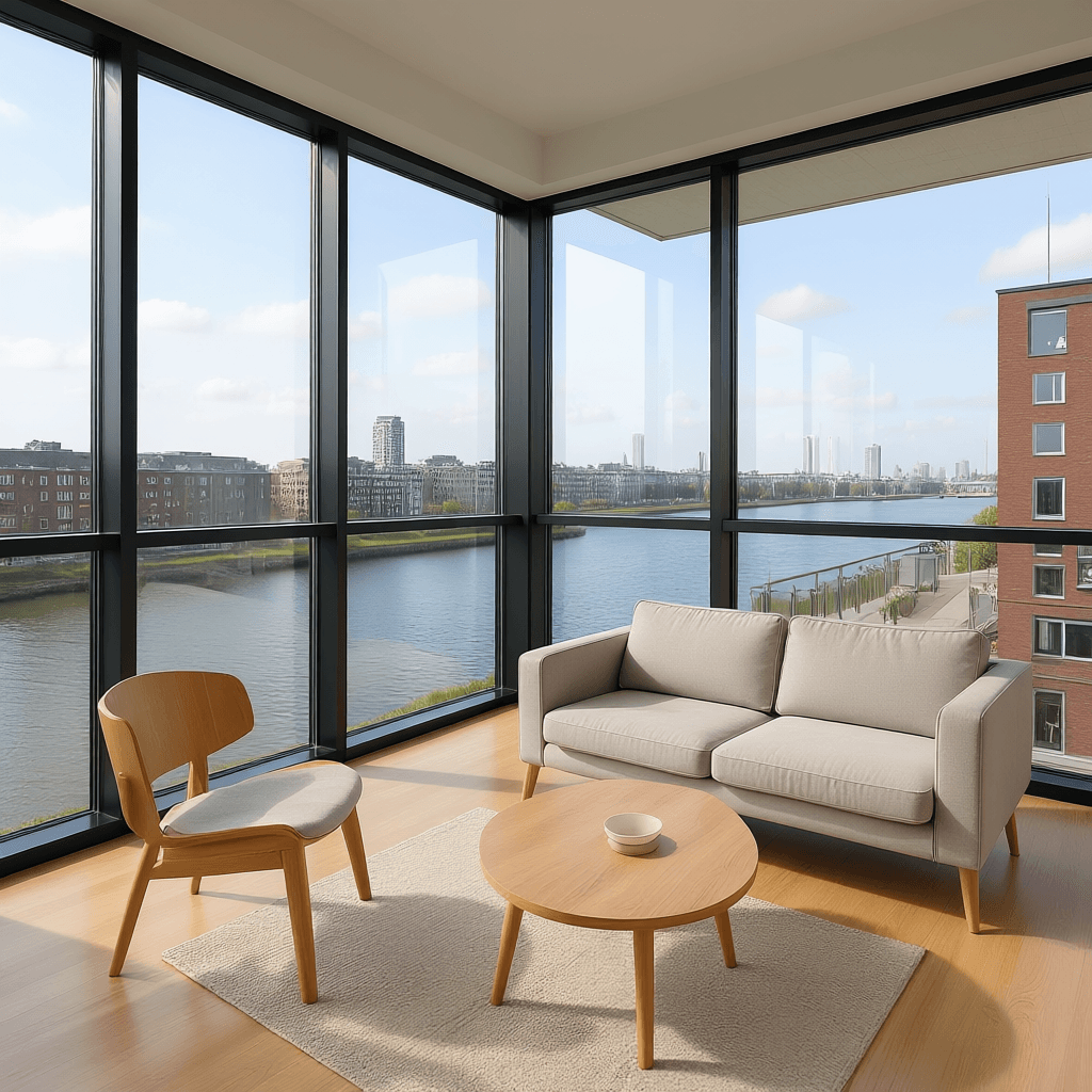Modern appartement in Rotterdam met grote ramen en uitzicht op de Maas