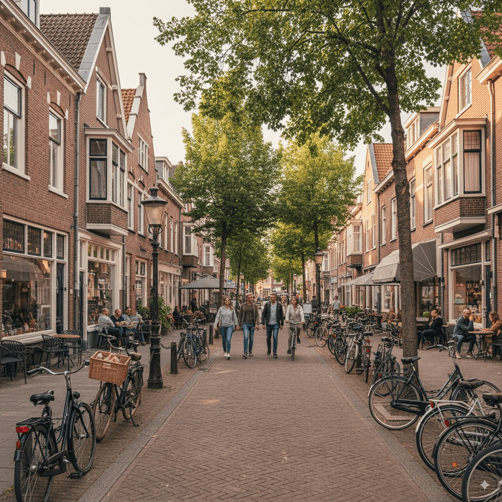 Straatbeeld van de wijk Assendorp in Zwolle met bakstenen huizen, fietsen en lokale winkels