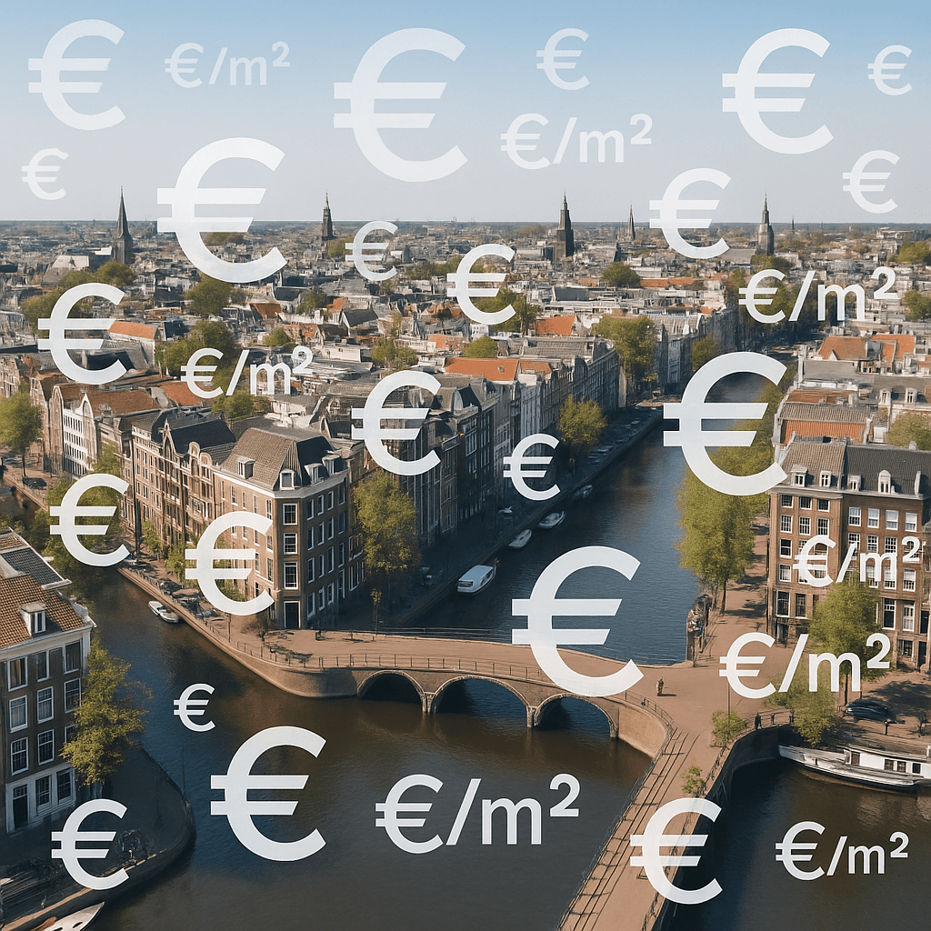 Luchtfoto van Amsterdam met grachten en woongebouwen, met een overlay van huurprijzen per m2 in eurotekens