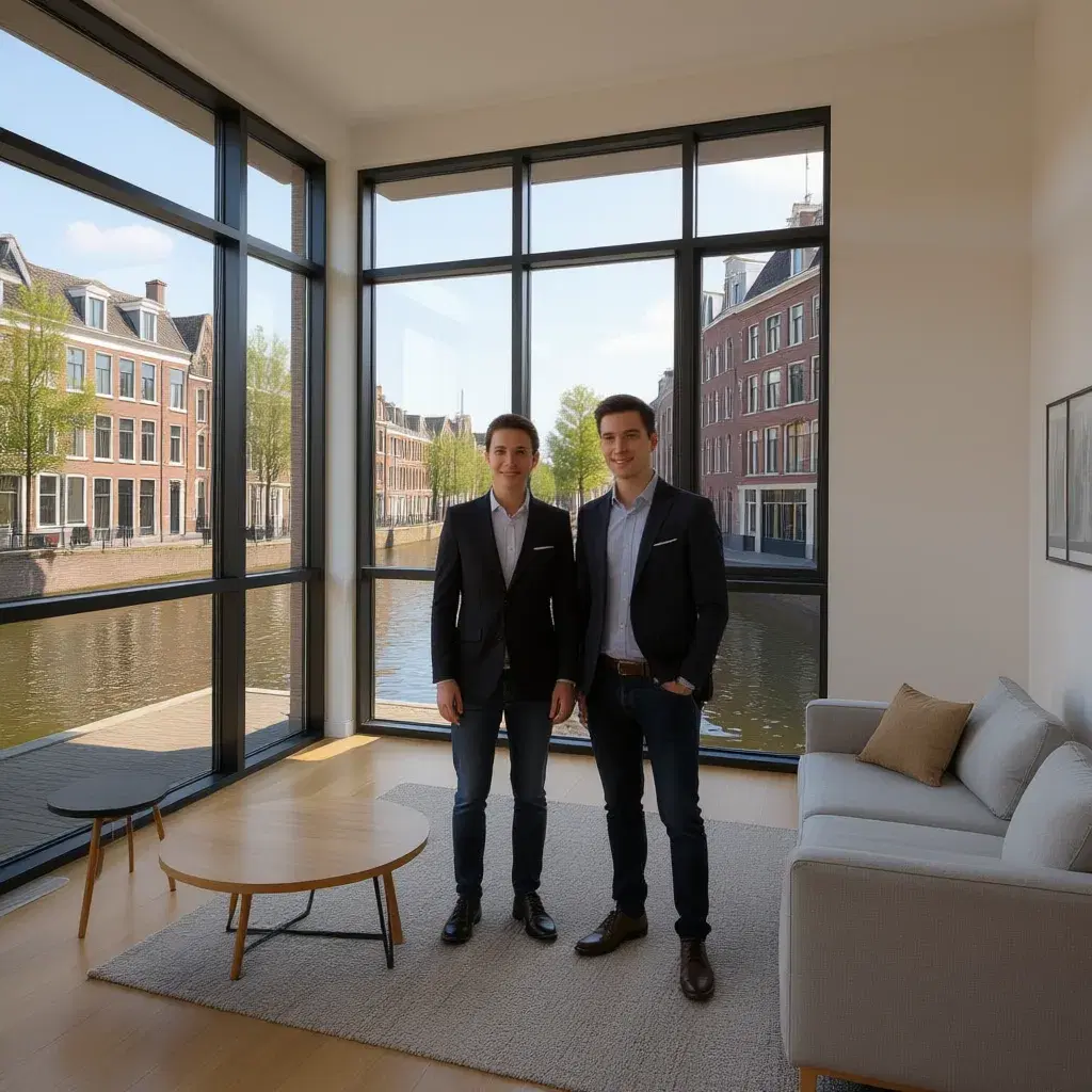 Jong stel tijdens een bezichtiging van een appartement in Amsterdam met uitzicht op de gracht