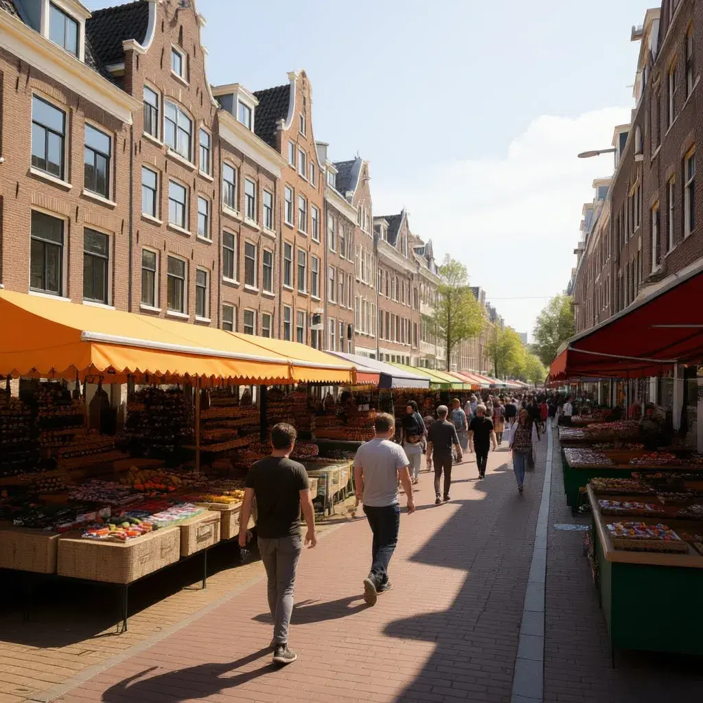 Straatbeeld van De Pijp in Amsterdam met de Albert Cuypmarkt en kleurrijke marktkramen