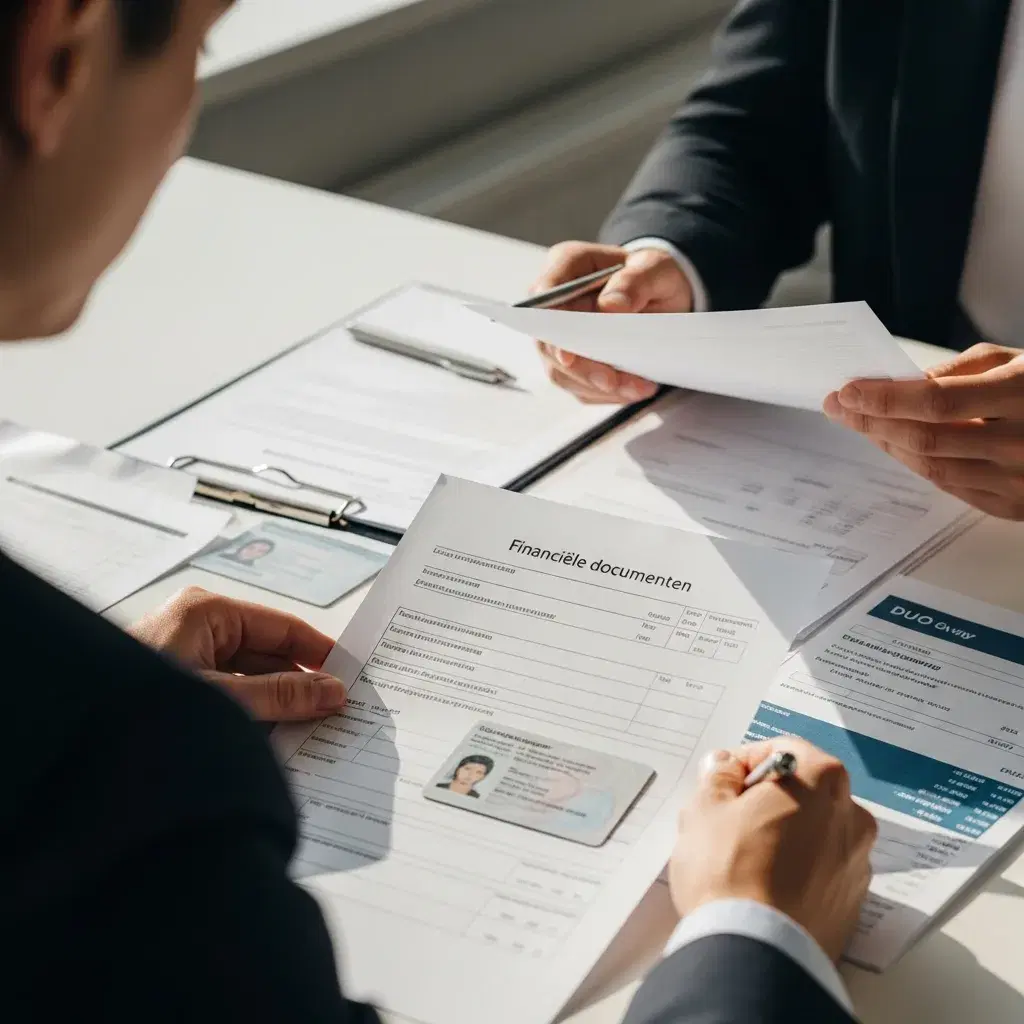 Student en garantsteller die financiële documenten doornemen voor het huren van een appartement in Amsterdam