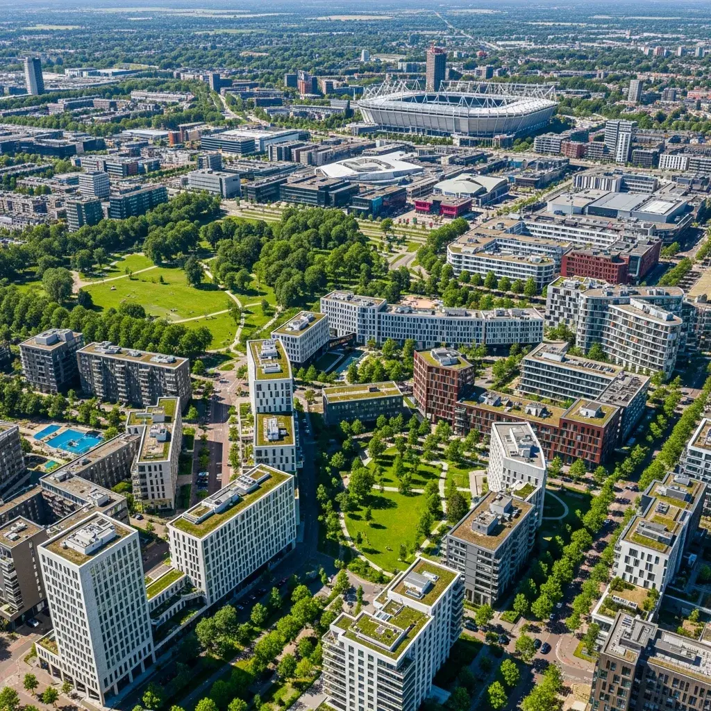 Luchtfoto van Amsterdam Zuidoost met moderne appartementen, groen en het ArenA-gebied in beeld, passend bij een appartement huren in Amsterdam Zuidoost