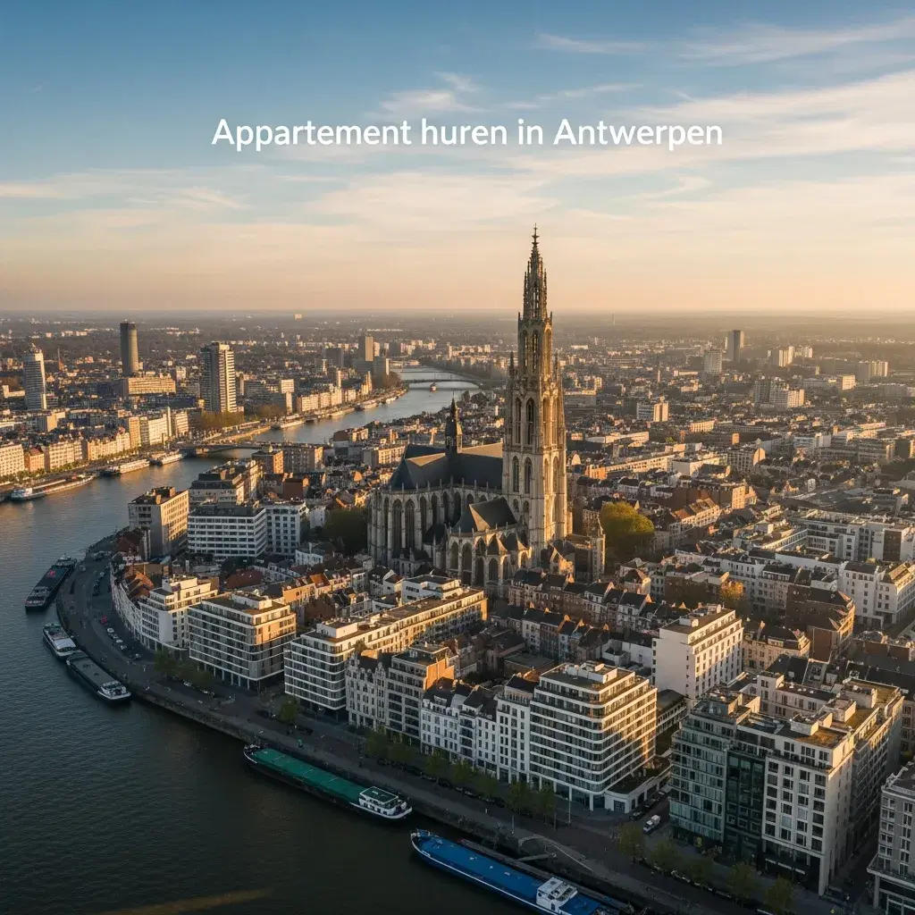 Luchtfoto van Antwerpen met zicht op de Schelde en omliggende appartementen, perfect passend bij het thema appartement huren in Antwerpen