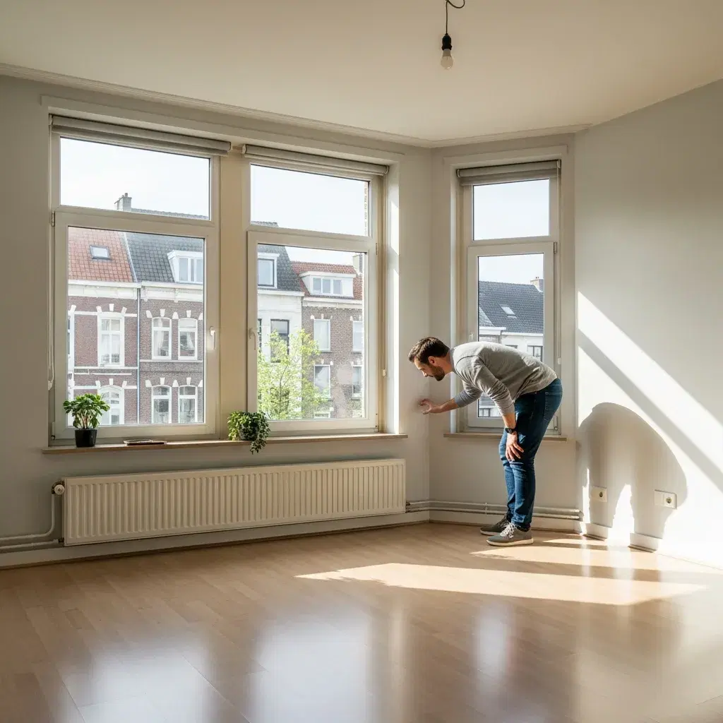 Interieur van een Antwerps appartement tijdens bezichtiging met aandacht voor isolatie, ramen en vochtcontrole, relevant voor appartement huren in Antwerpen
