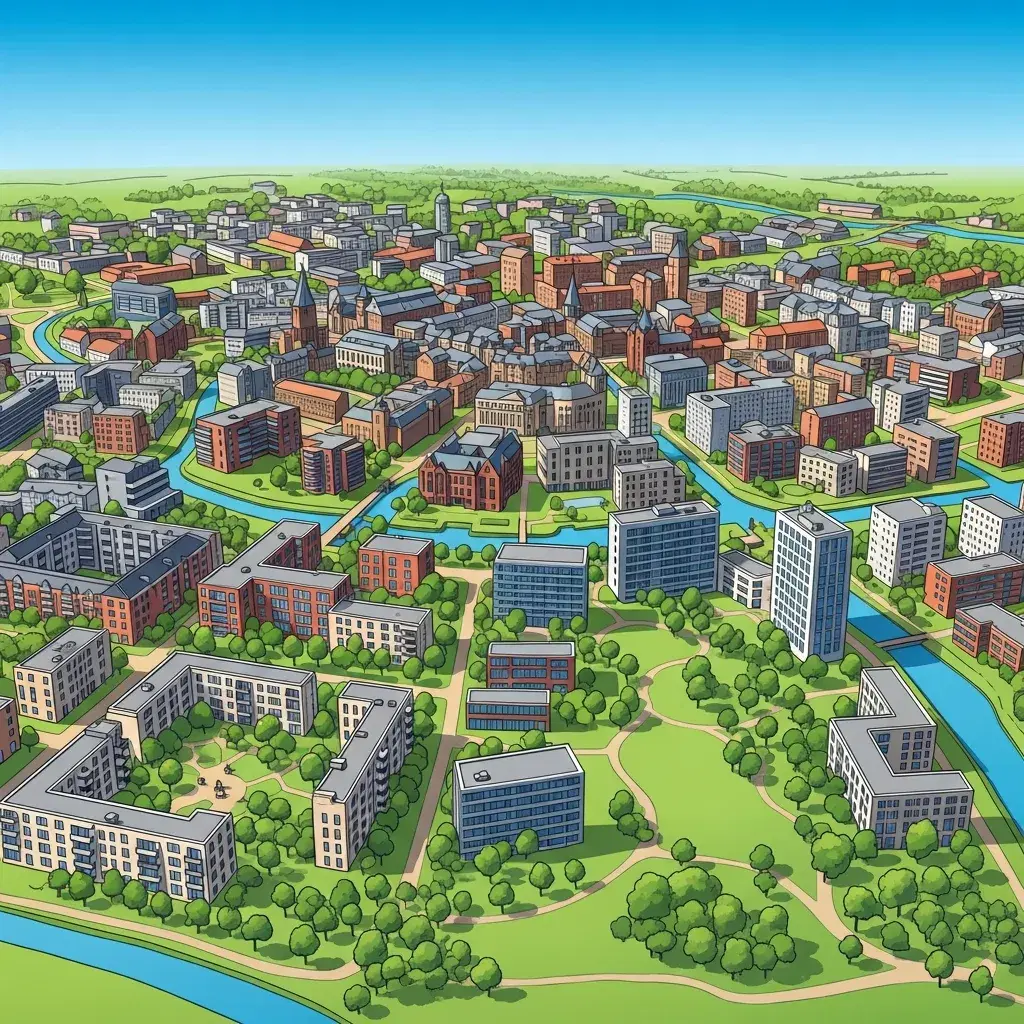 Illustratie van Assen met appartementen, groene parken en het stadscentrum, passend bij een gids over een appartement huren in Assen