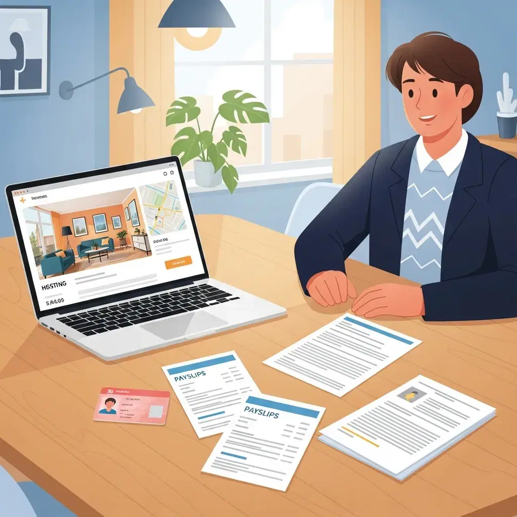 Illustratie van een huurder die documenten zoals loonstroken en identiteitsbewijs voorbereidt voor het huren van een appartement in Assen