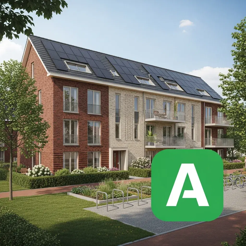 Illustratie van een duurzaam nieuwbouwappartement in Assen met groene elementen en een A-label