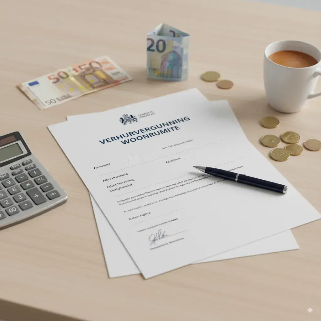 Budgetplanning met huurcontract, rekenmachine en eurogeld voor appartement huren in Den Haag