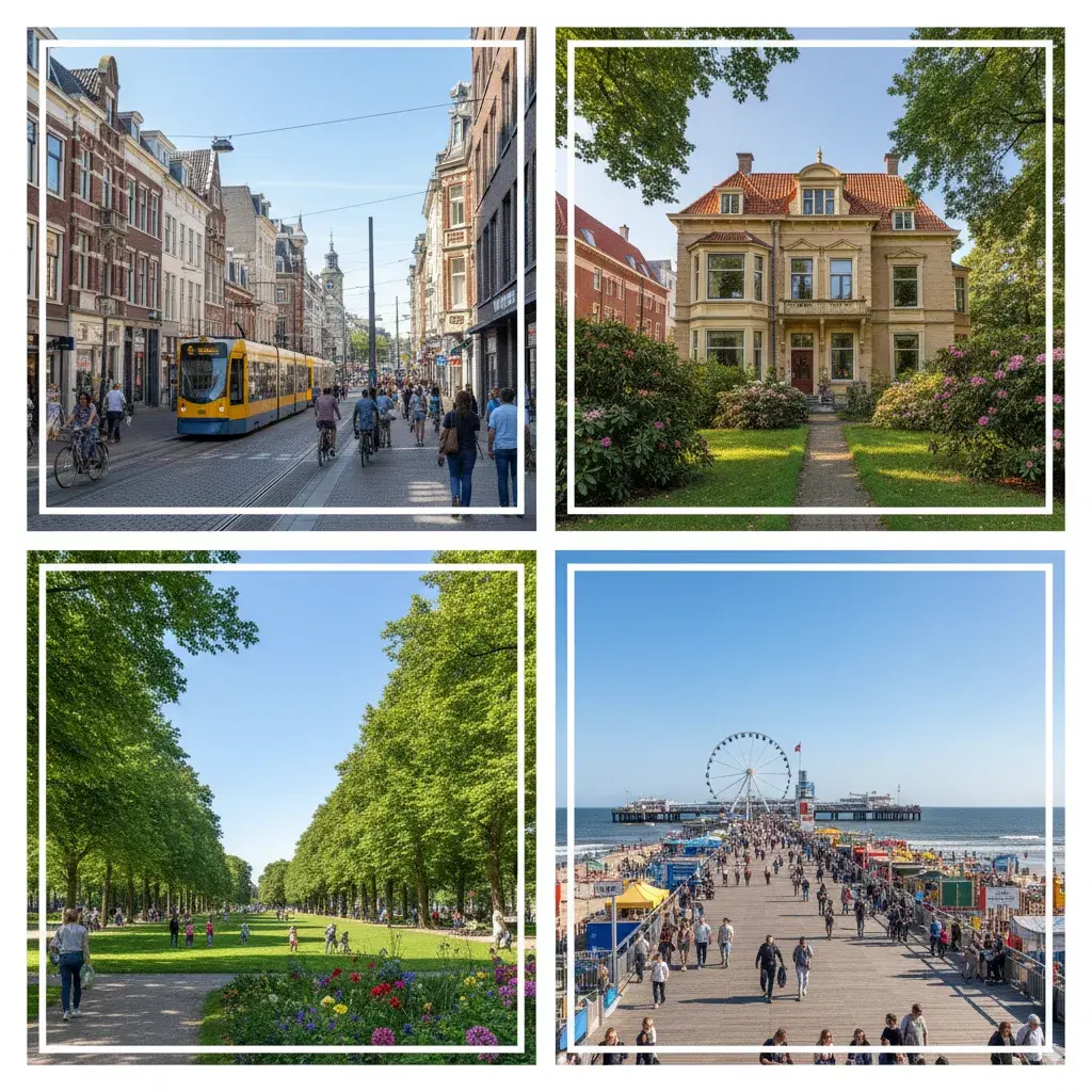 Collage van Haagse wijken zoals Centrum, Statenkwartier, Benoordenhout en Scheveningen, illustratief voor appartement huren in Den Haag