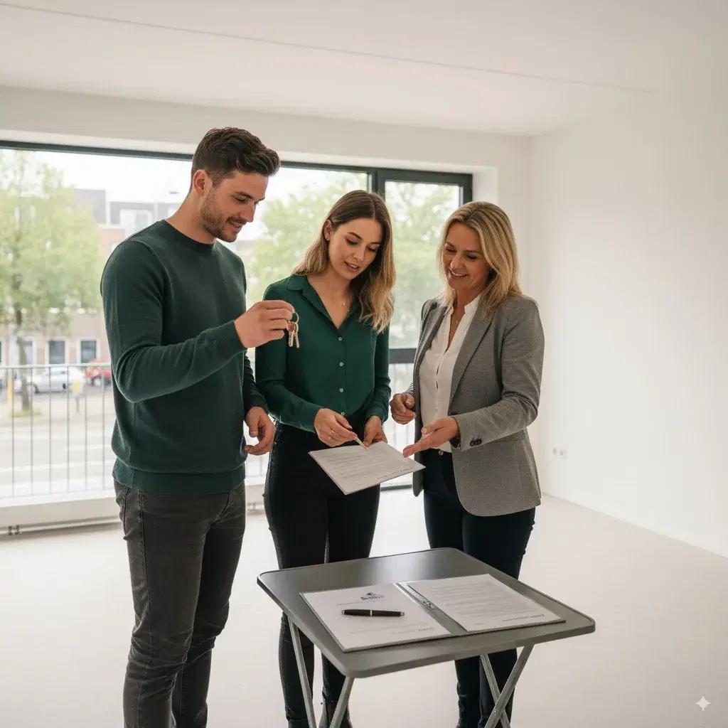 Stel dat een huurcontract en sleutels controleert bij een appartement huren in Eindhoven