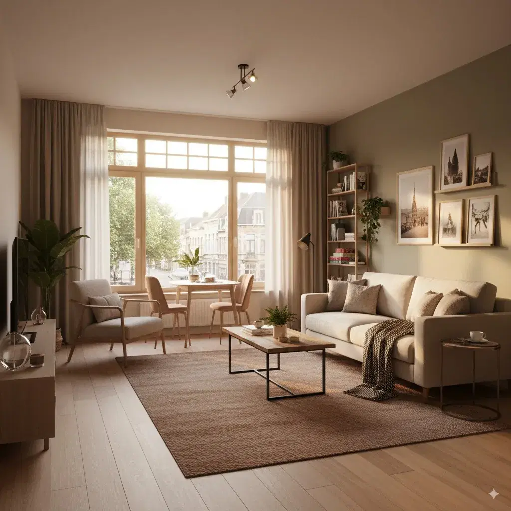 Modern ingericht appartement in Hasselt met veel licht en een warm interieur, illustratie van de huurkwaliteit