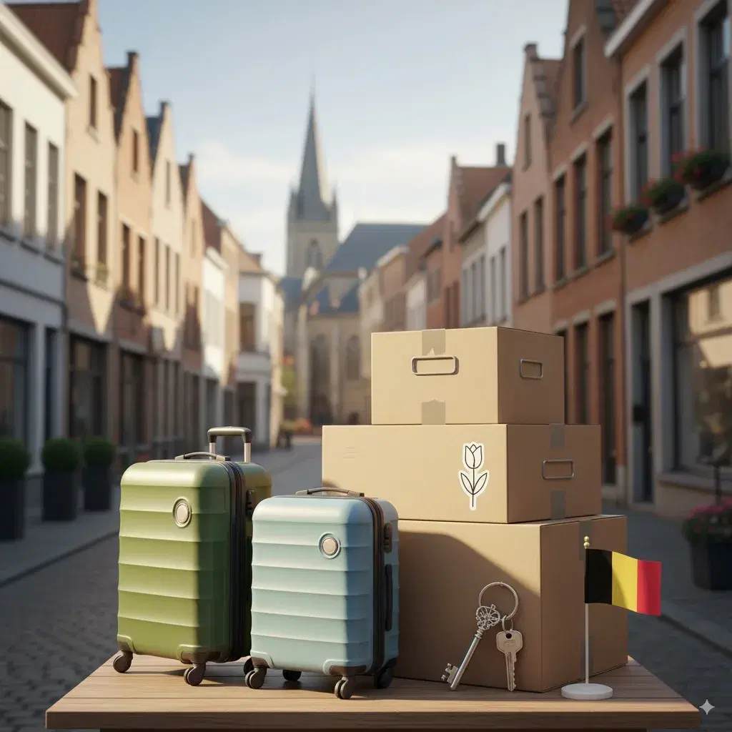 Nederlander die verhuist naar Hasselt met koffers en verhuisdozen, symbool voor een nieuw appartement huren