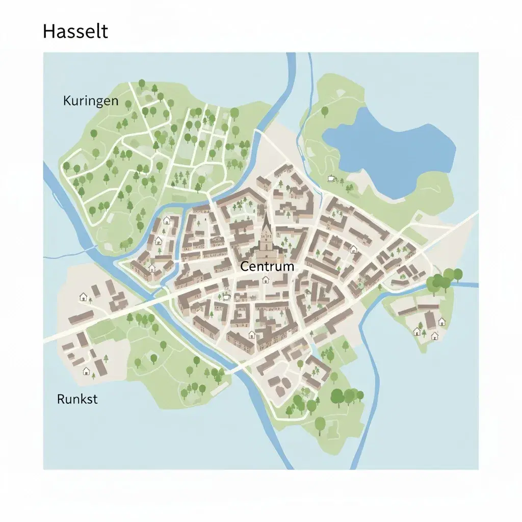 Kaartachtige illustratie van de wijken Centrum, Runkst en Kuringen in Hasselt met markers voor woningen en cafés