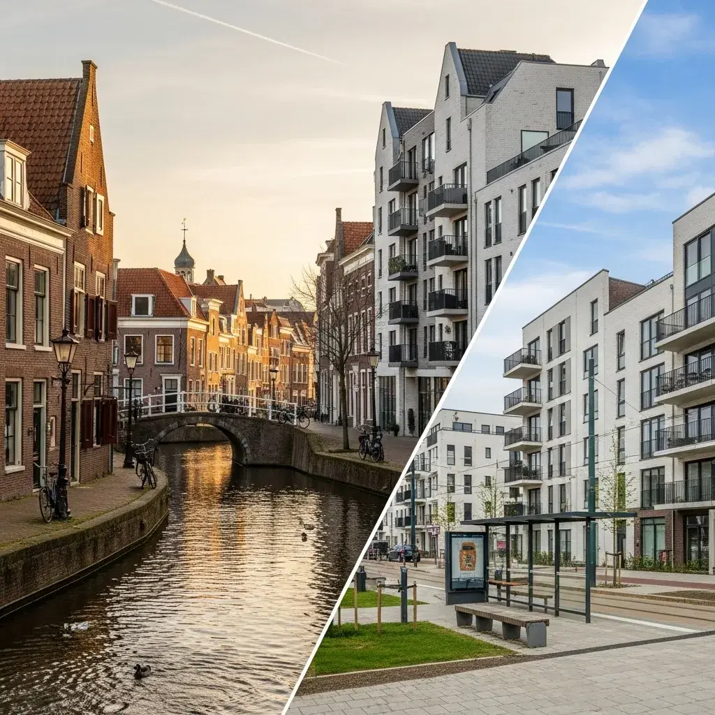 Collage van de populaire wijken in Amersfoort: historische binnenstad met grachten, moderne nieuwbouw in Vathorst en groene lanen in het Bergkwartier