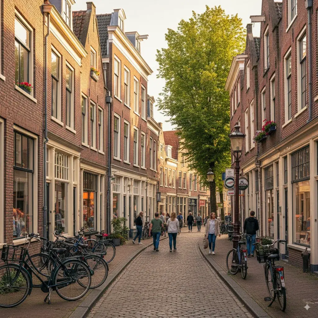 Gezellige straat in de Haarlemse Vijfhoek met monumentale panden en appartementen boven winkels
