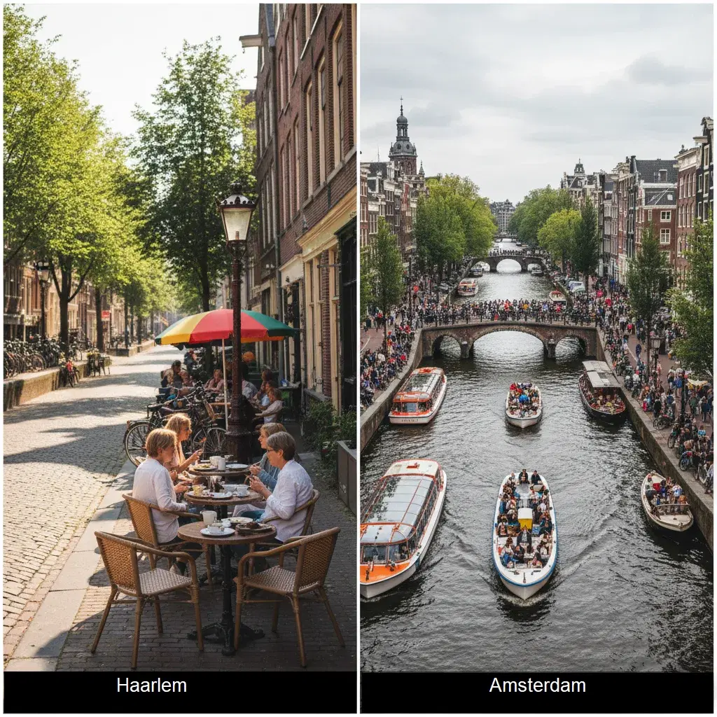 Vergelijking tussen een rustige Haarlemse gracht met fietsen en een drukke Amsterdamse gracht met toeristen