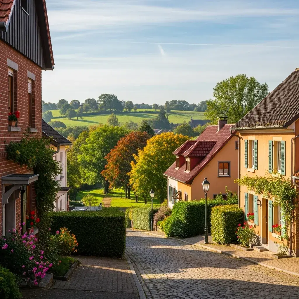 Rustige straat in een Limburgs dorp met traditionele huizen en heuvels op de achtergrond