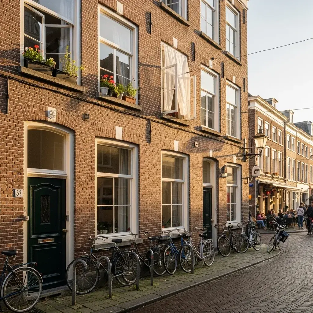 Straatbeeld van Maastricht met appartementen, fietsen en levendige sfeer voor huurders