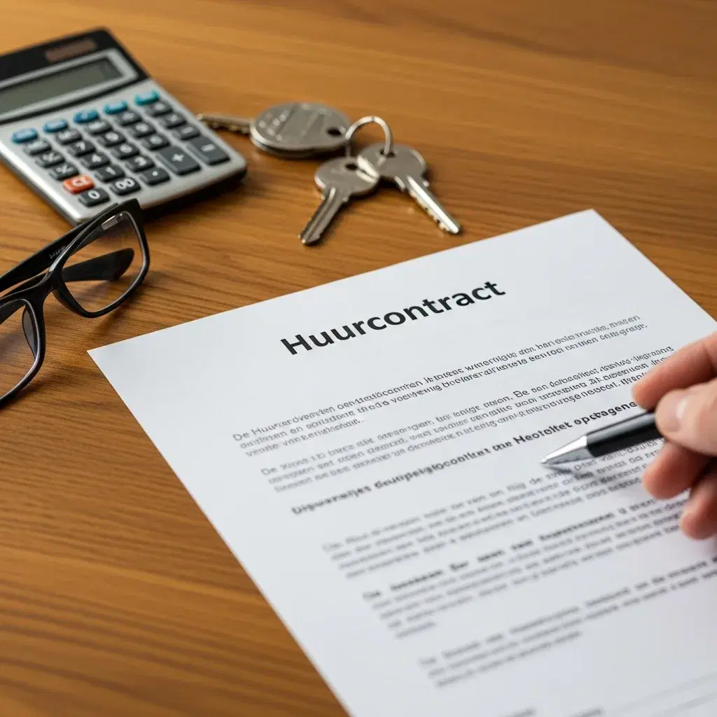 Close-up van een Nederlands huurcontract met pen en bril op tafel, symbool voor het zorgvuldig controleren van het huurcontract bij particulier huren