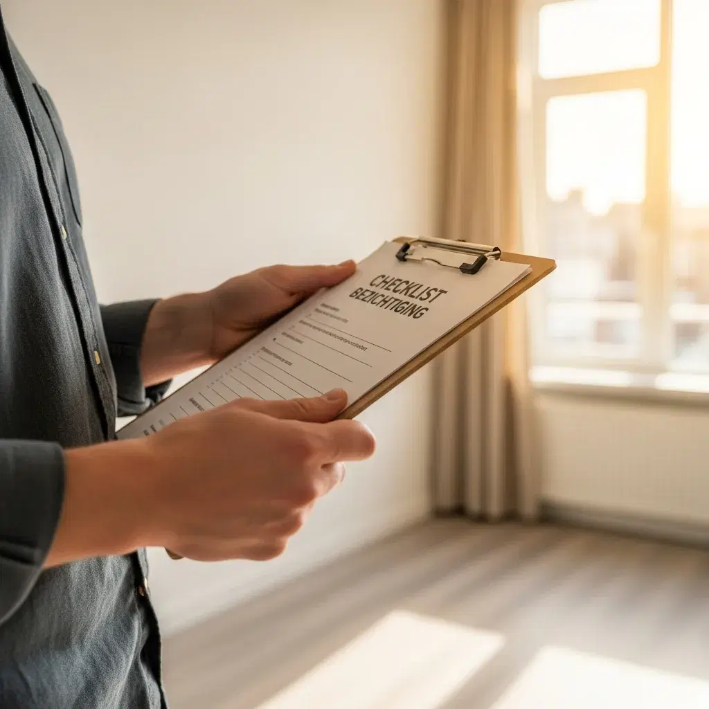 Student met checklist tijdens een bezichtiging van een appartement in Rotterdam, als onderdeel van het huurproces