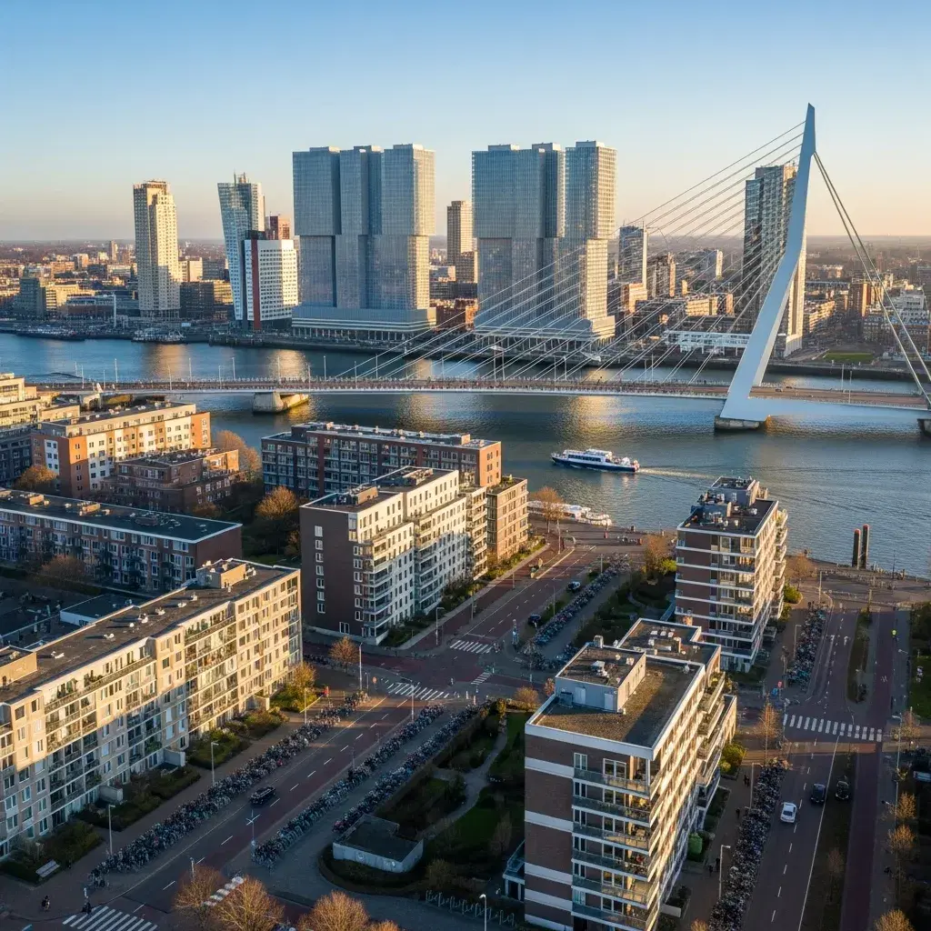 Luchtfoto van Rotterdam met moderne architectuur en studentenappartementen, passend bij het onderwerp appartement huren in Rotterdam als student in 2026