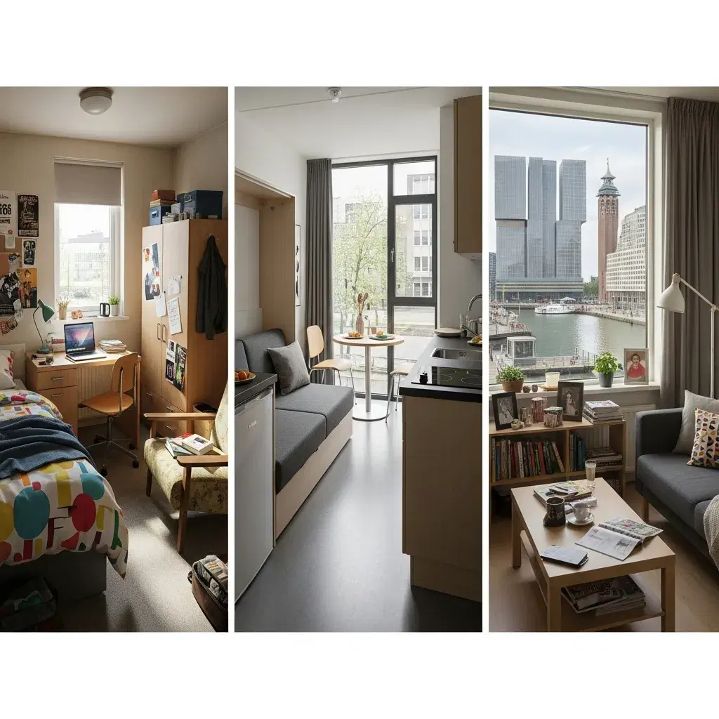 Realistische afbeeldingen van een studentenkamer, een moderne studio en een gedeeld appartement in Rotterdam