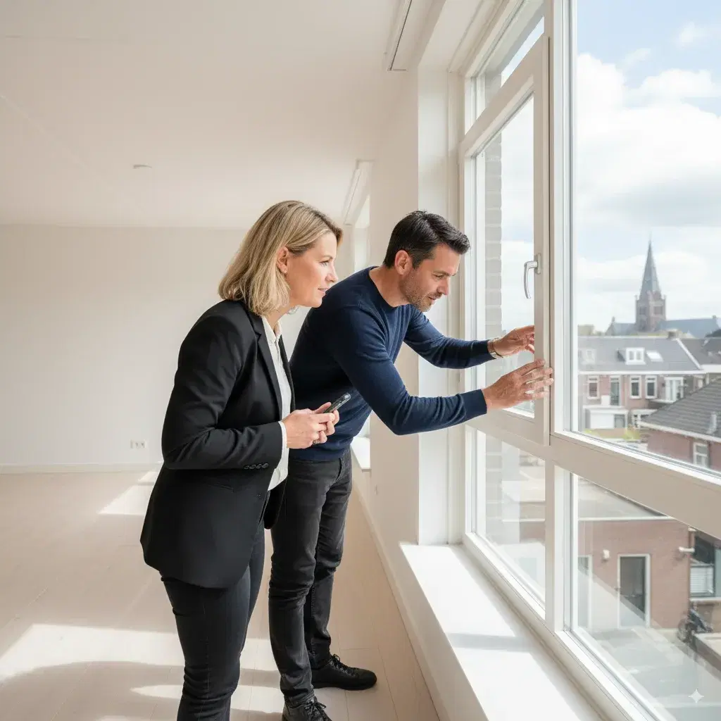 Stel bekijkt een appartement in Tilburg tijdens een bezichtiging met makelaar