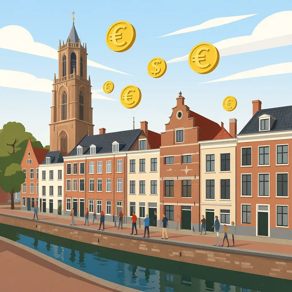 Appartementencomplexen in Utrecht met eurotekens boven de gebouwen en veel kandidaten die reageren op een huurwoning