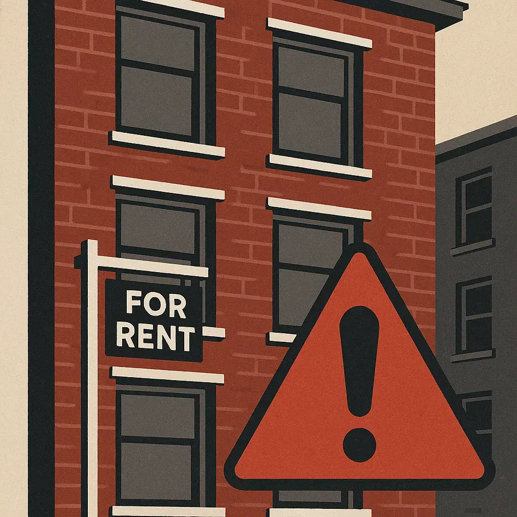 Waarschuwingsbeeld van een studentenkamer in Utrecht met een rood alarmsymbool dat illegale onderhuur aanduidt