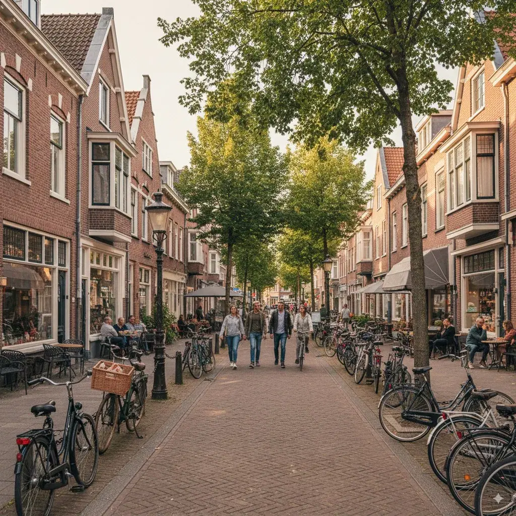 Straatbeeld van de wijk Assendorp in Zwolle met bakstenen huizen, fietsen en lokale winkels