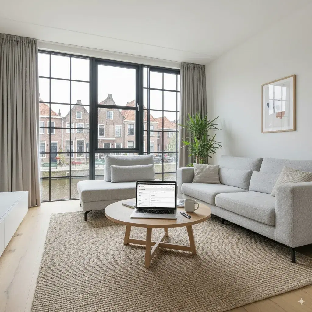Modern appartement in Zwolle met een open woonkamer en een laptop met documenten voor een huurvoorbereiding