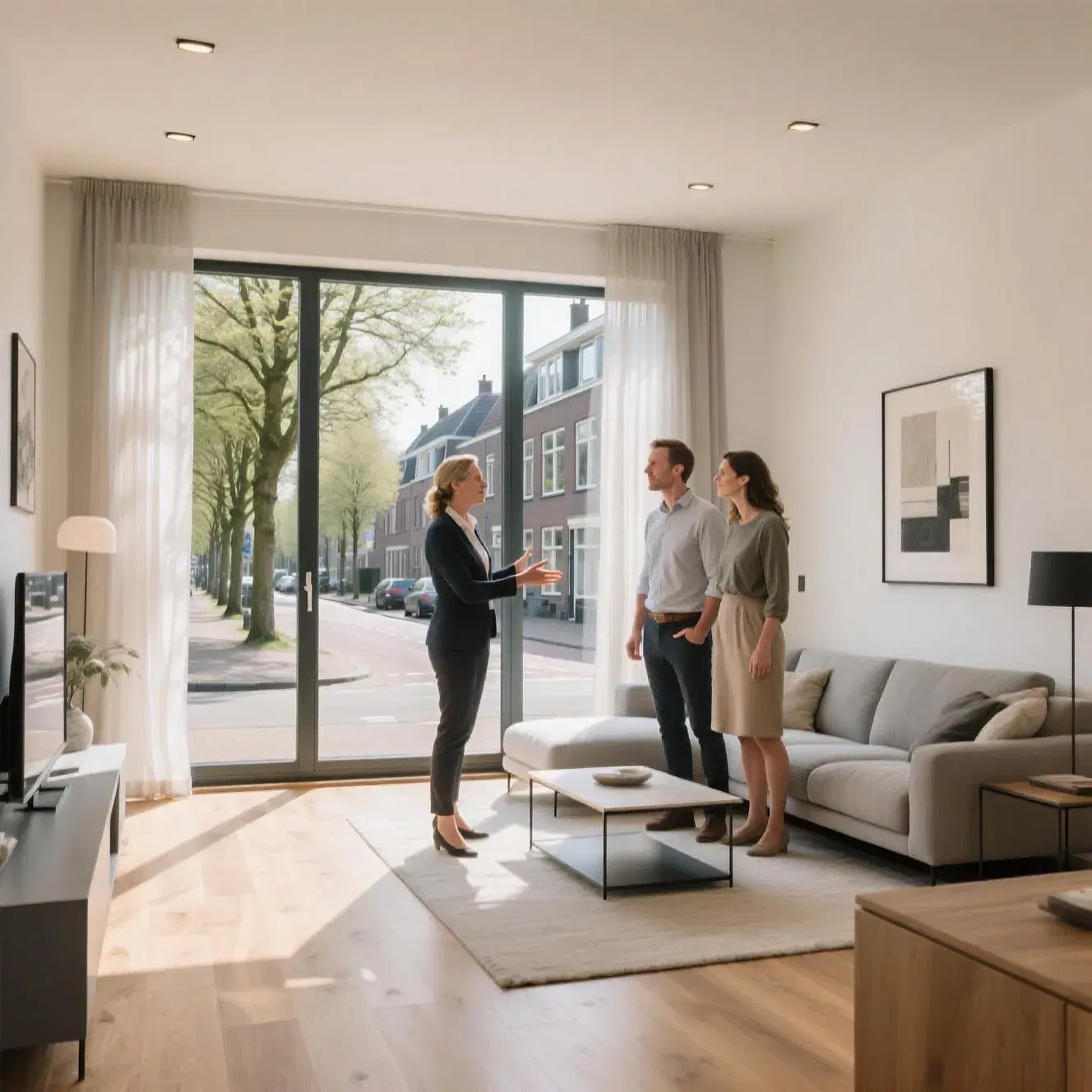 Moderne woonkamer van een Nederlands appartement tijdens een bezichtiging met een makelaar en stel