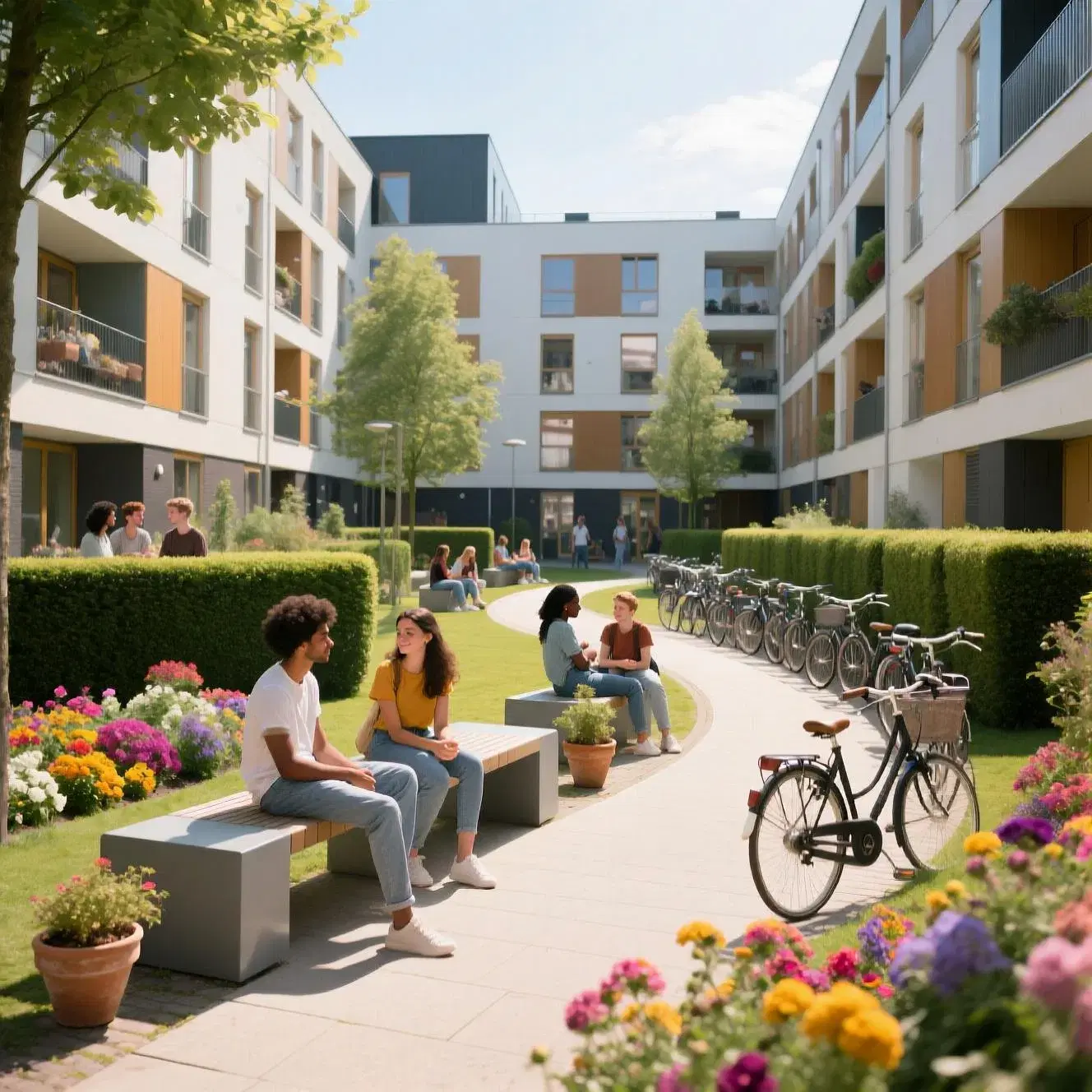 Gezellige gedeelde tuin in een modern Nederlands appartementencomplex met fietsen en bewoners in de zon