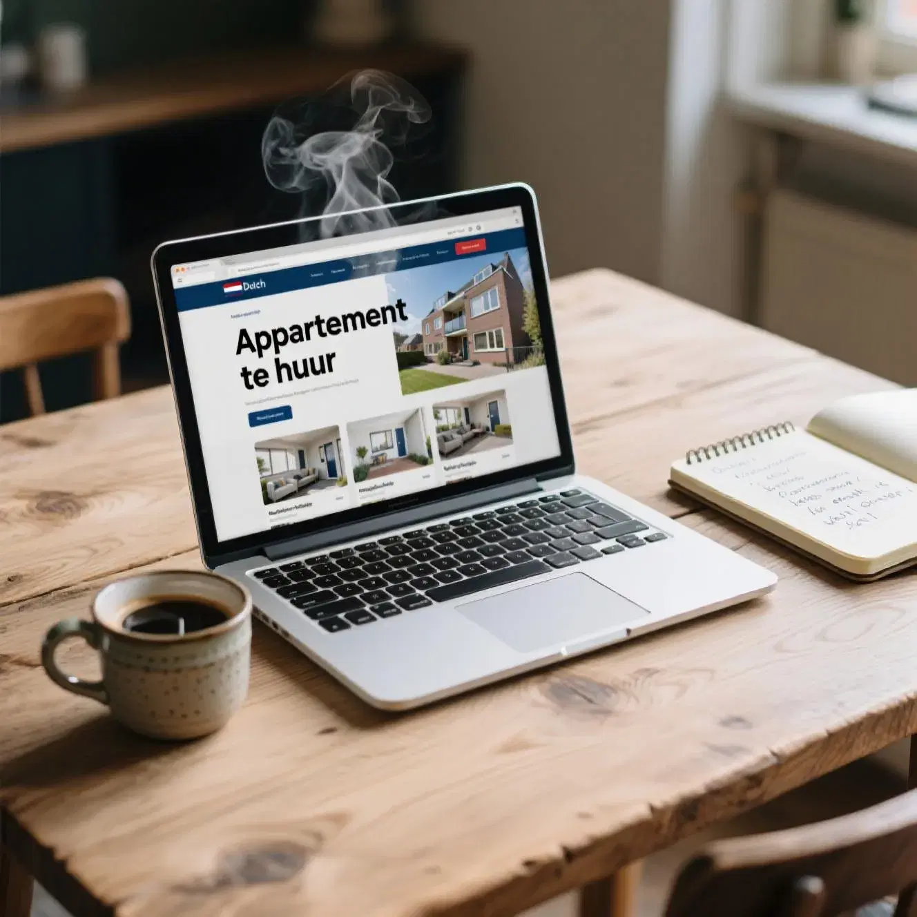 Laptop met een huurwebsite waarop 'Appartement te huur' in het Nederlands staat, naast koffie en notitieboek
