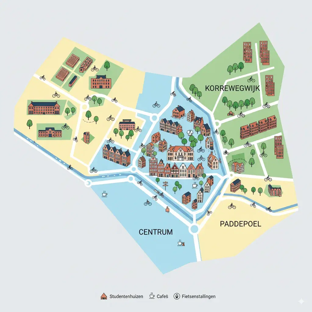 Illustratiekaart van Groningen met studentenbuurten Centrum, Korrewegwijk en Paddepoel, met iconen van studentenhuizen en cafés
