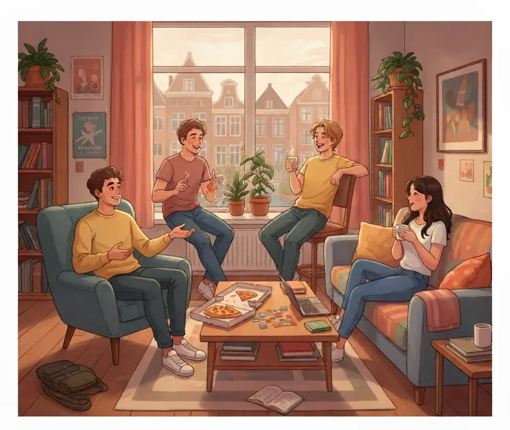 Studenten in een woonkamer tijdens een hospiteeravond in Groningen, pratend en lachend om een nieuwe huisgenoot te kiezen