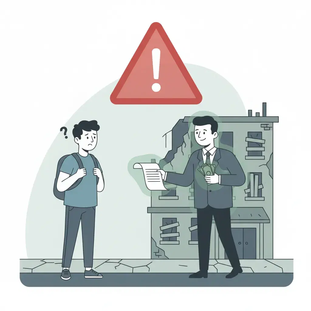 Illustratie van een student die waarschuwend kijkt naar een verdachte verhuurder met een rood waarschuwingsicoon, symbool voor valkuilen en oplichting op de kamermarkt in Groningen