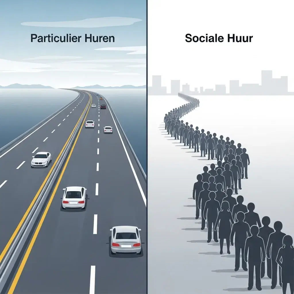 Vergelijking tussen particulier huren en sociale huur in Amsterdam met snelweg versus wachtlijst