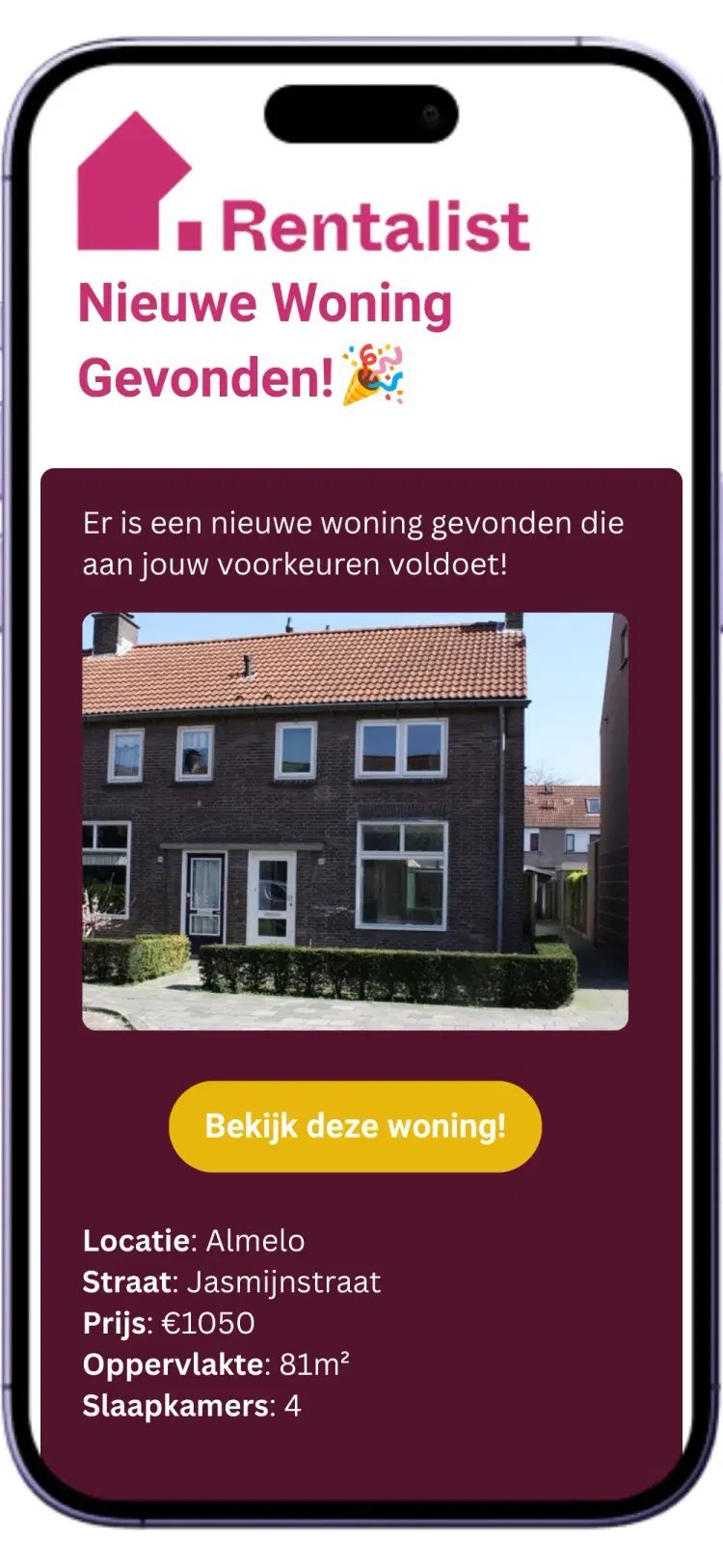 Voorbeeld van een Rentalist e-mailnotificatie