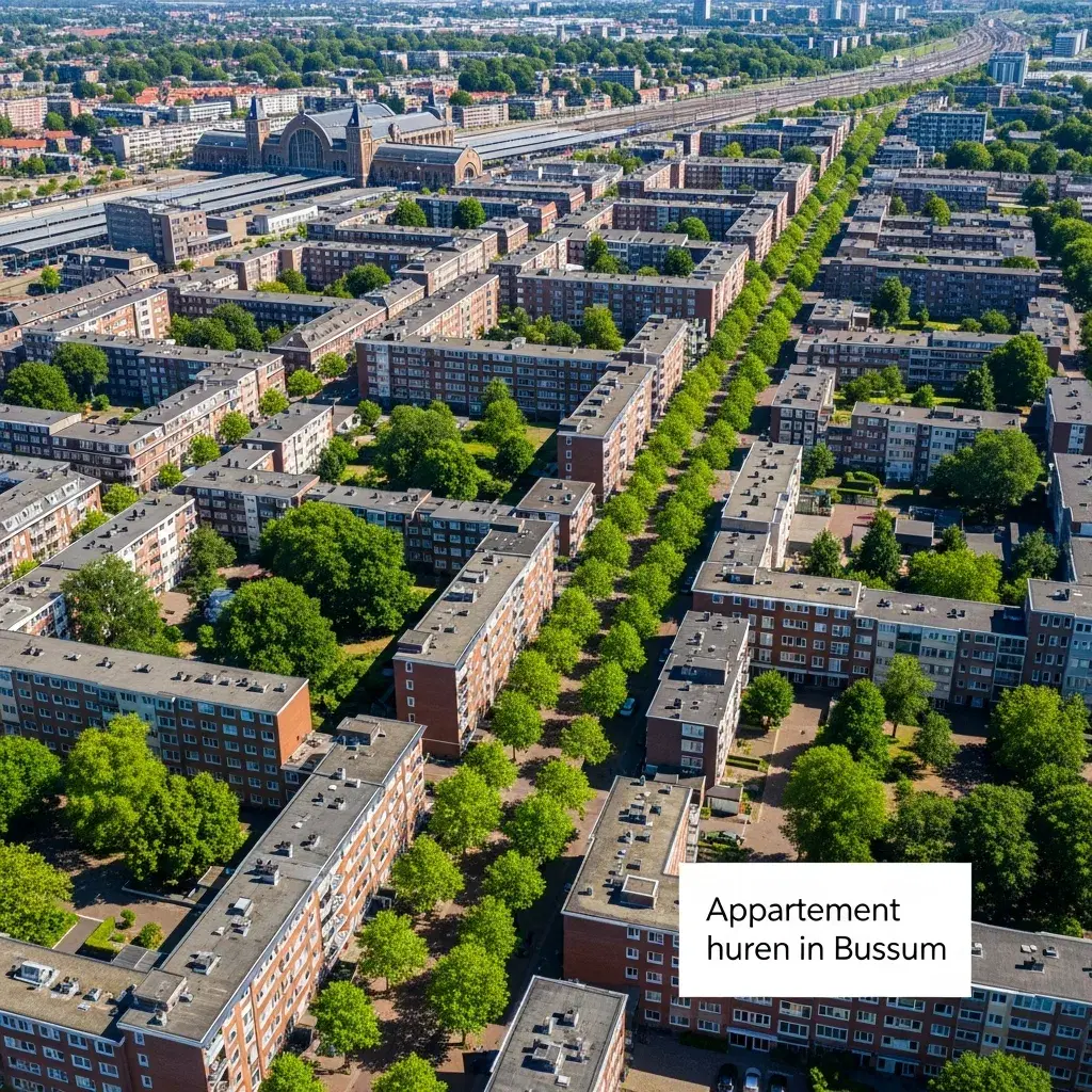 Luchtfoto van Bussum centrum met appartementen en groene lanen, passend bij een appartement huren in Bussum