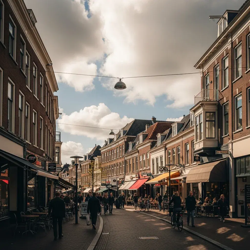 Realistische straatfoto van het centrum van Bussum met winkels en appartementen, ideaal voor wie een appartement wil huren in Bussum