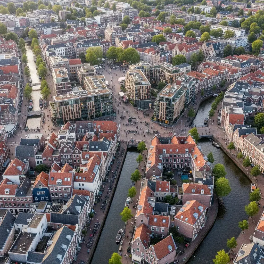 Luchtfoto van Groningen centrum met grachten, historische gebouwen en moderne appartementen als symbool voor de huurmarkt